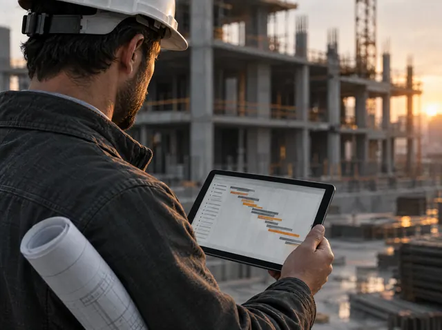 Engenheiro acompanhando o cronograma da obra em um tablet