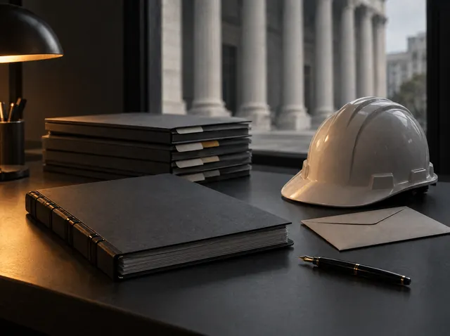 Dossiê de proposta técnica e capacete sobre a mesa