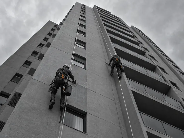 Técnicos em acesso por corda fazendo manutenção de fachada