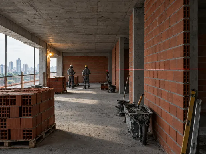 Pavimento em obra com alvenaria de tijolo cerâmico recém-levantada