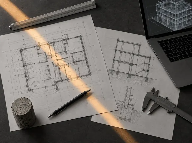 Pranchas de projeto sobre a mesa com escalímetro e paquímetro